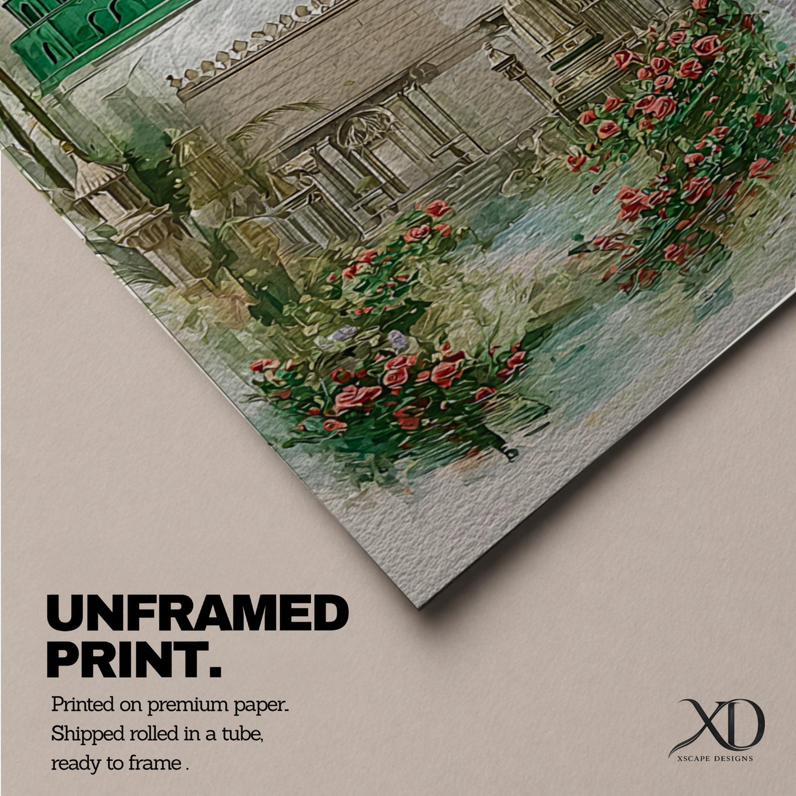 A tall narrow painting of Al Masjid an Nabawi featuring the iconic green dome and a slender minaret rising above detailed mosque architecture, surrounded by soft palm trees and floral garden elements, rendered in light airy tones with gentle brushwork in a serene architectural landscape style.