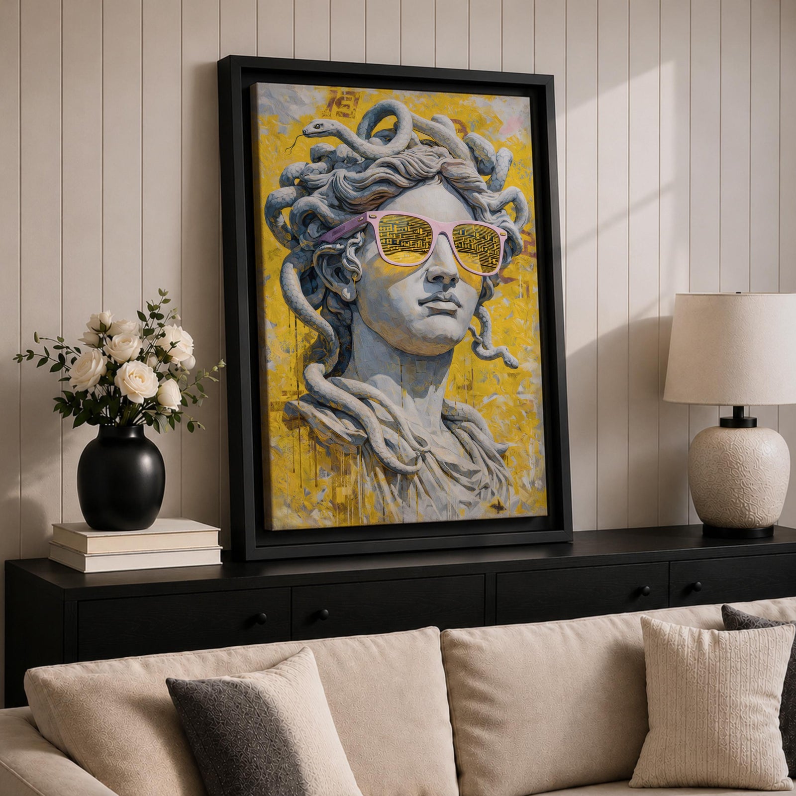 Medusa Wall Art Greek Mythology Framed Canvas Statue Sunglasses Modern Pop Art Decor