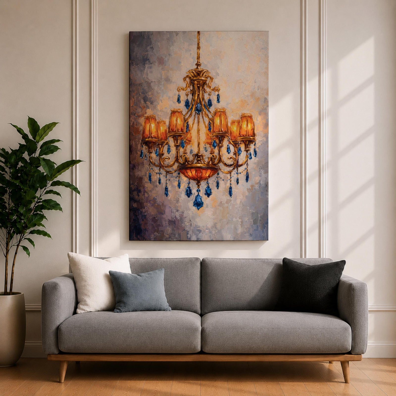 Chandelier Wall Art French Lighting Framed Canvas Blue Gold Baroque Elegant Classic Wall Decor