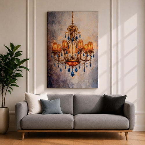 Chandelier Wall Art French Lighting Framed Canvas Blue Gold Baroque Elegant Classic Wall Decor
