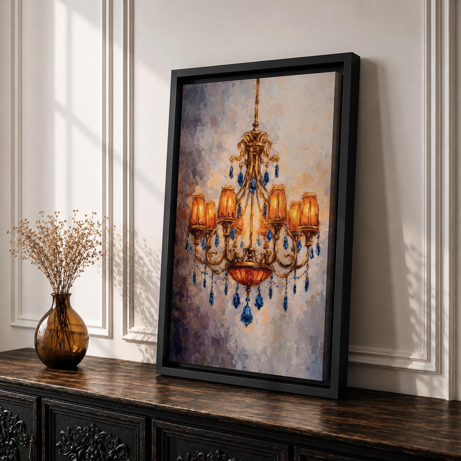 Chandelier Wall Art French Lighting Framed Canvas Blue Gold Baroque Elegant Classic Wall Decor
