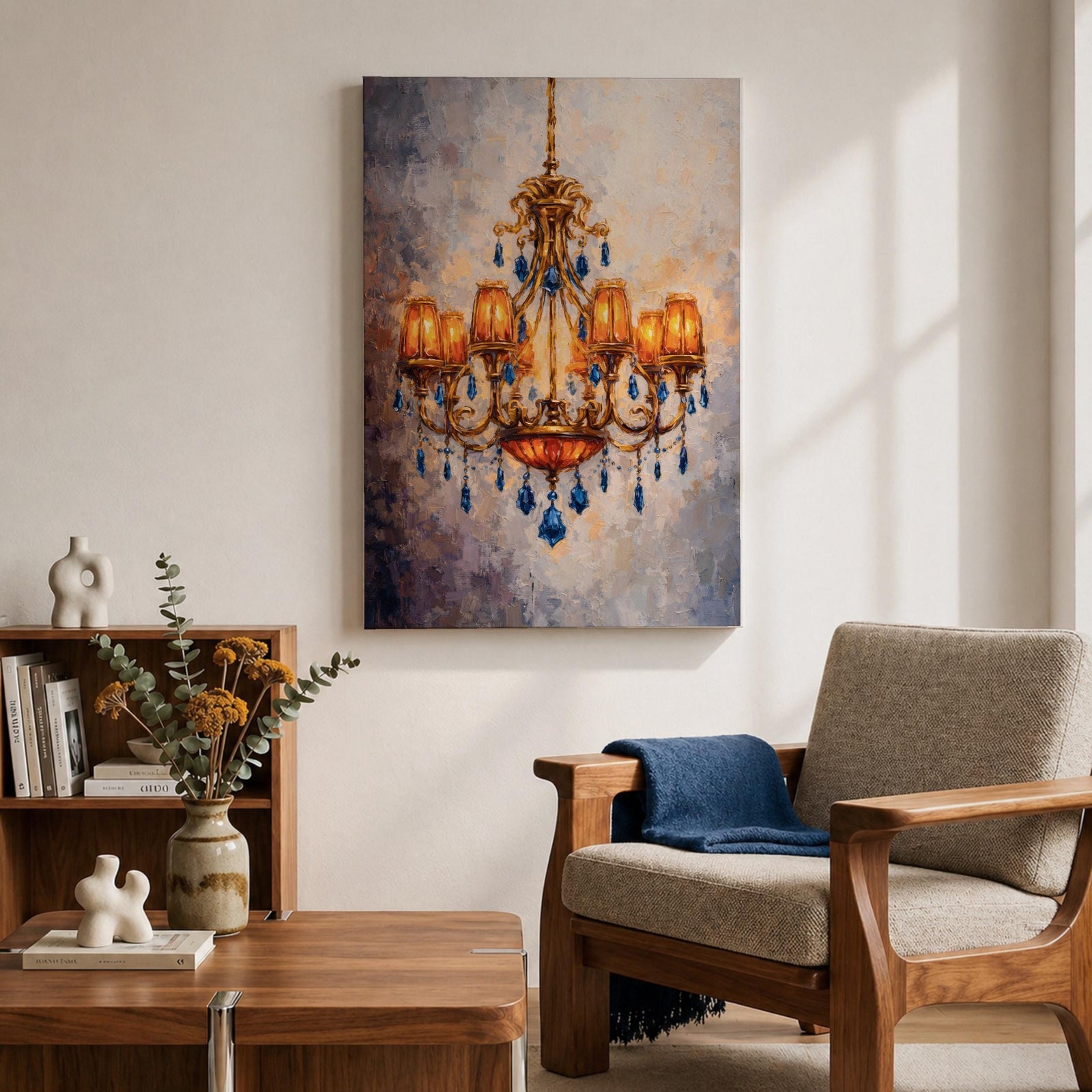 Chandelier Wall Art French Lighting Framed Canvas Blue Gold Baroque Elegant Classic Wall Decor