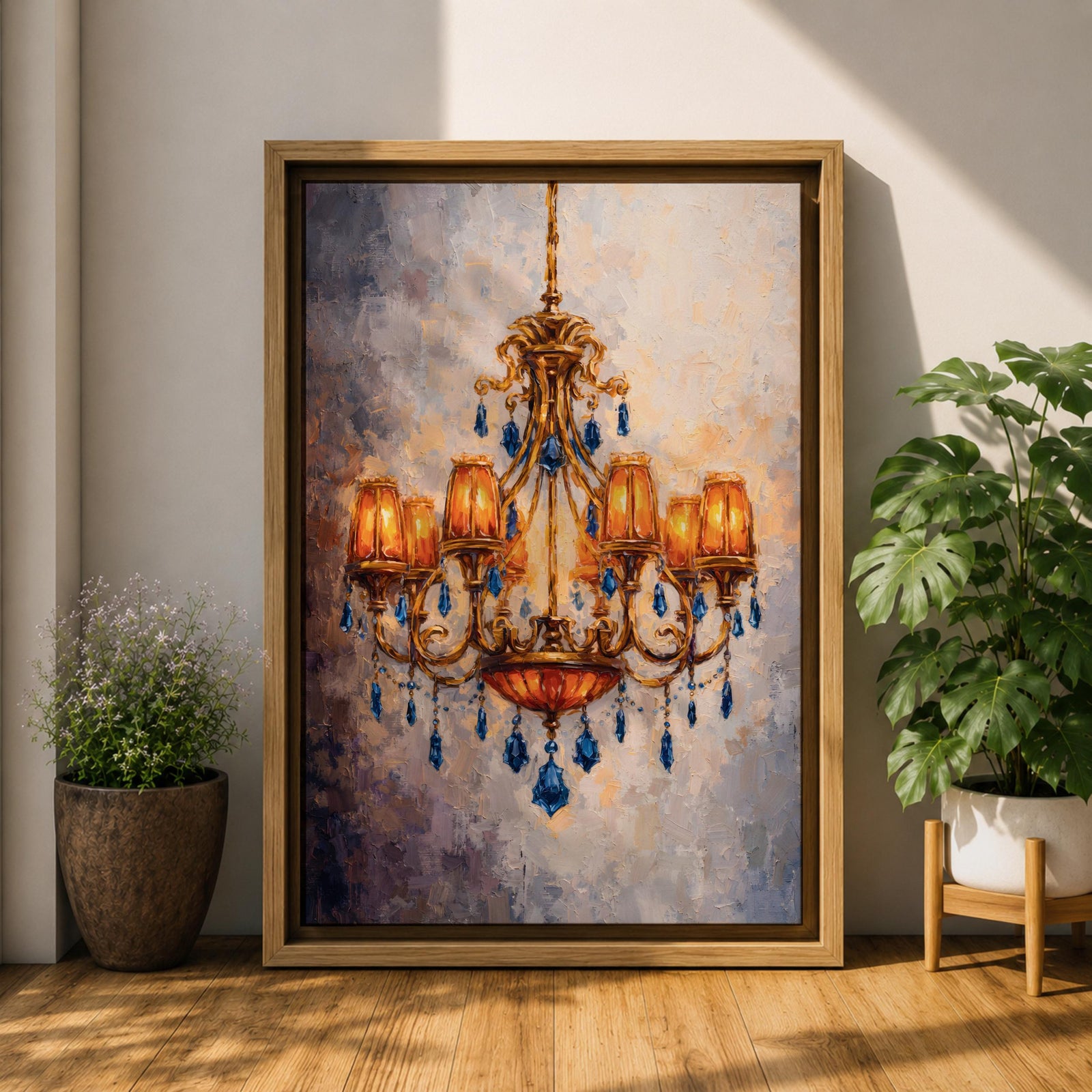 Chandelier Wall Art French Lighting Framed Canvas Blue Gold Baroque Elegant Classic Wall Decor