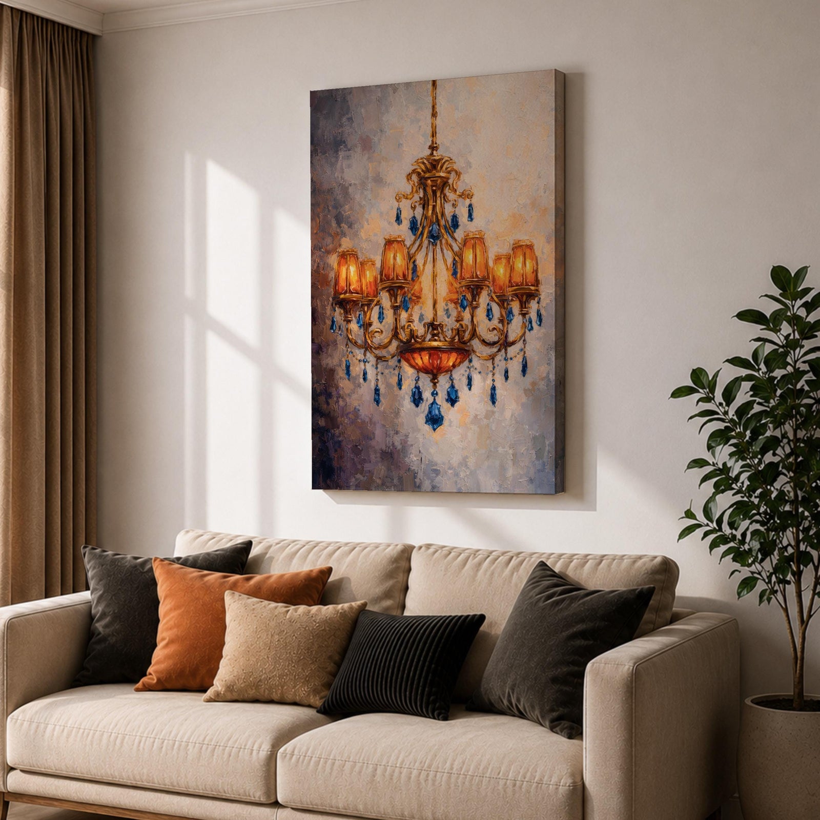 Chandelier Wall Art French Lighting Framed Canvas Blue Gold Baroque Elegant Classic Wall Decor
