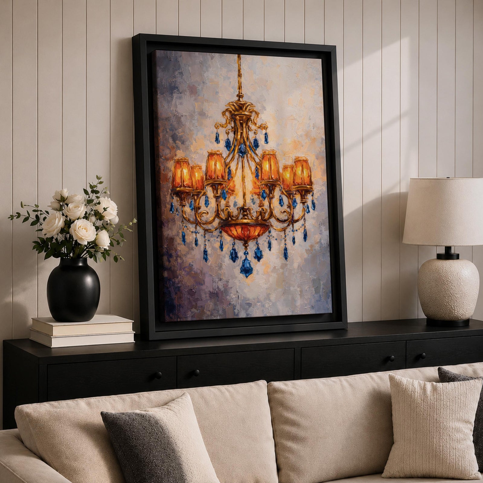 Chandelier Wall Art French Lighting Framed Canvas Blue Gold Baroque Elegant Classic Wall Decor