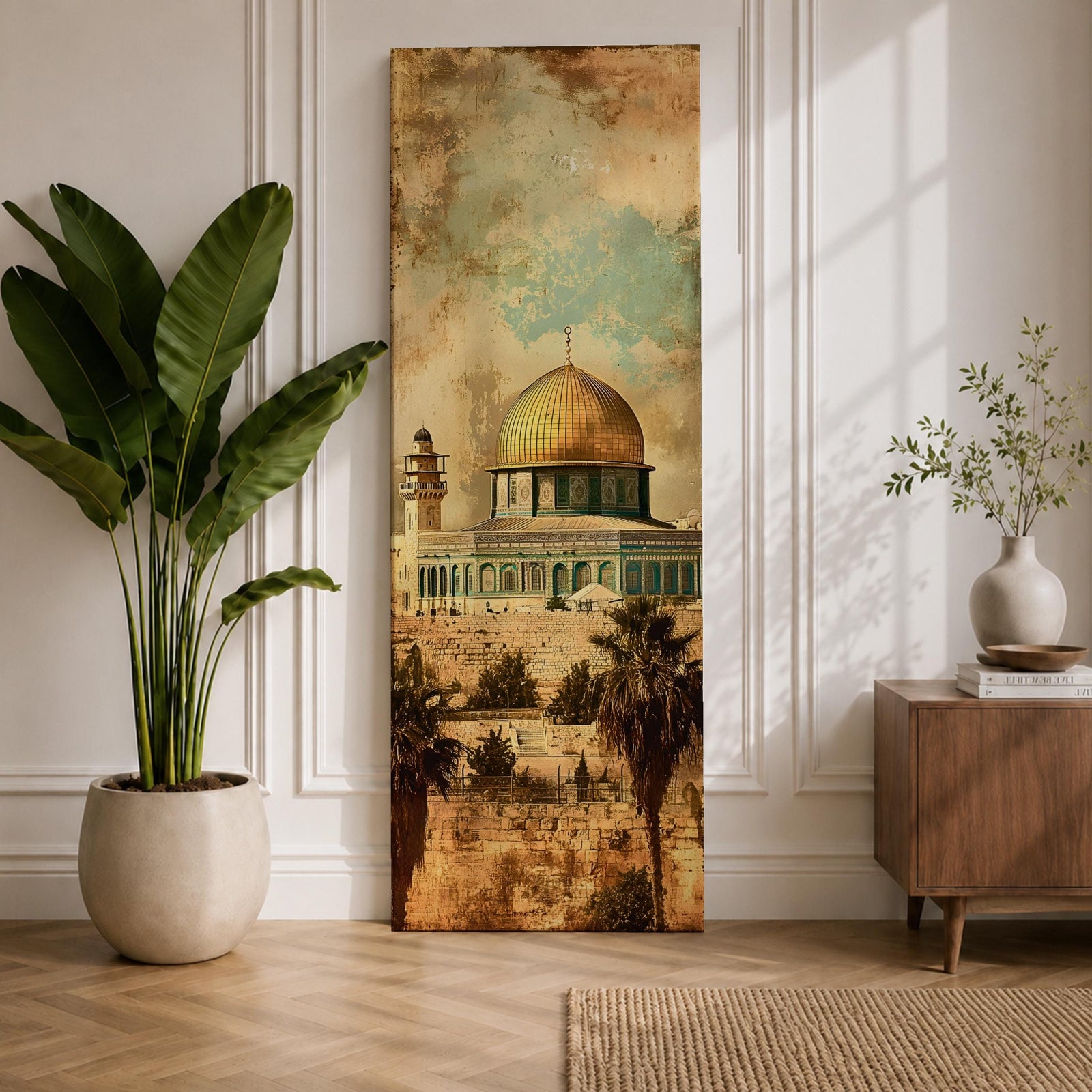 A tall narrow vertical artwork depicting Masjid Al Aqsa with its iconic golden dome rising above detailed stone architecture, set against a textured sky of soft turquoise and warm beige tones, with palm trees and historic walls below, rendered in a vintage inspired painterly style with distressed textures and balanced elongated composition.