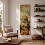 A tall narrow vertical artwork depicting Masjid Al Aqsa with its iconic golden dome rising above detailed stone architecture, set against a textured sky of soft turquoise and warm beige tones, with palm trees and historic walls below, rendered in a vintage inspired painterly style with distressed textures and balanced elongated composition.