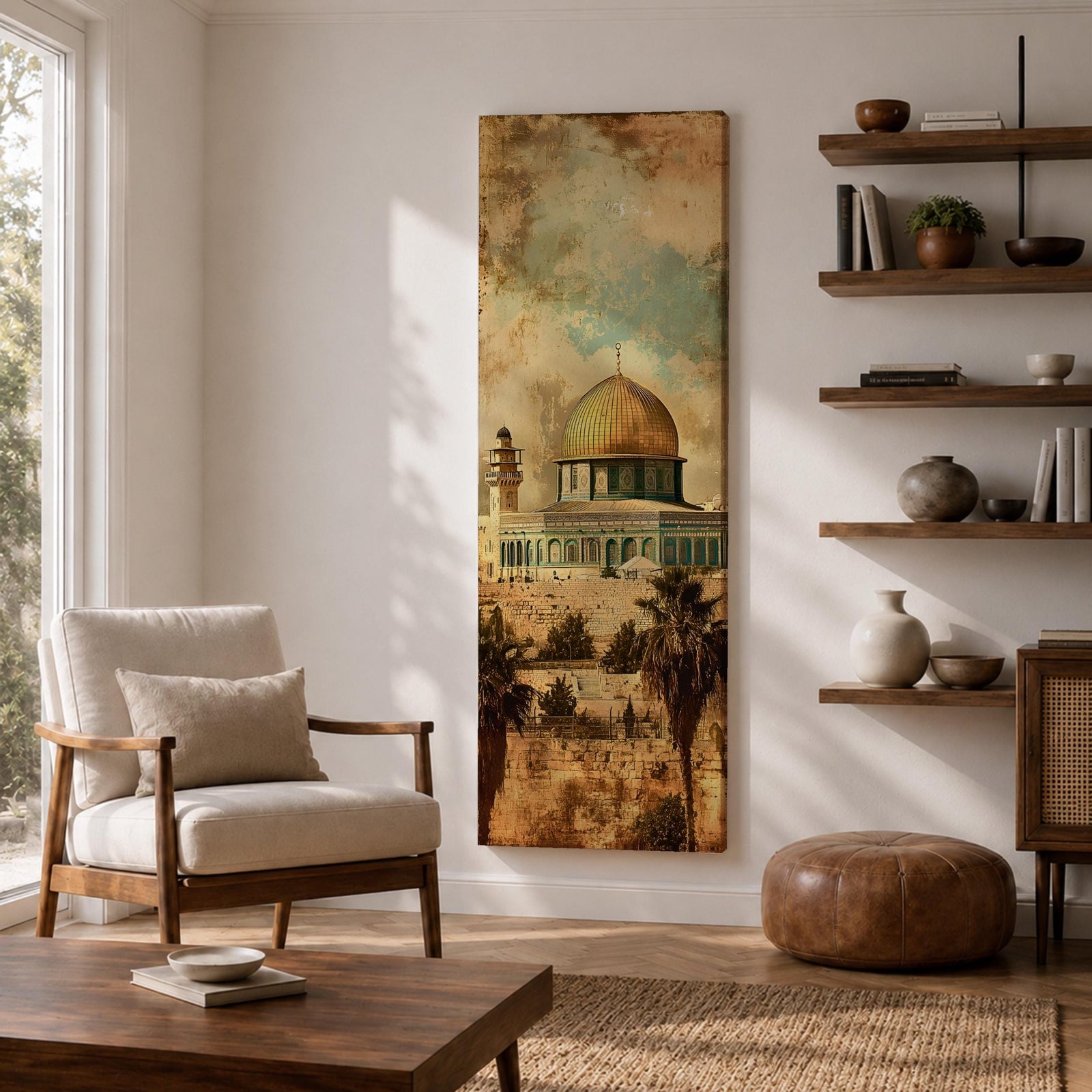 A tall narrow vertical artwork depicting Masjid Al Aqsa with its iconic golden dome rising above detailed stone architecture, set against a textured sky of soft turquoise and warm beige tones, with palm trees and historic walls below, rendered in a vintage inspired painterly style with distressed textures and balanced elongated composition.