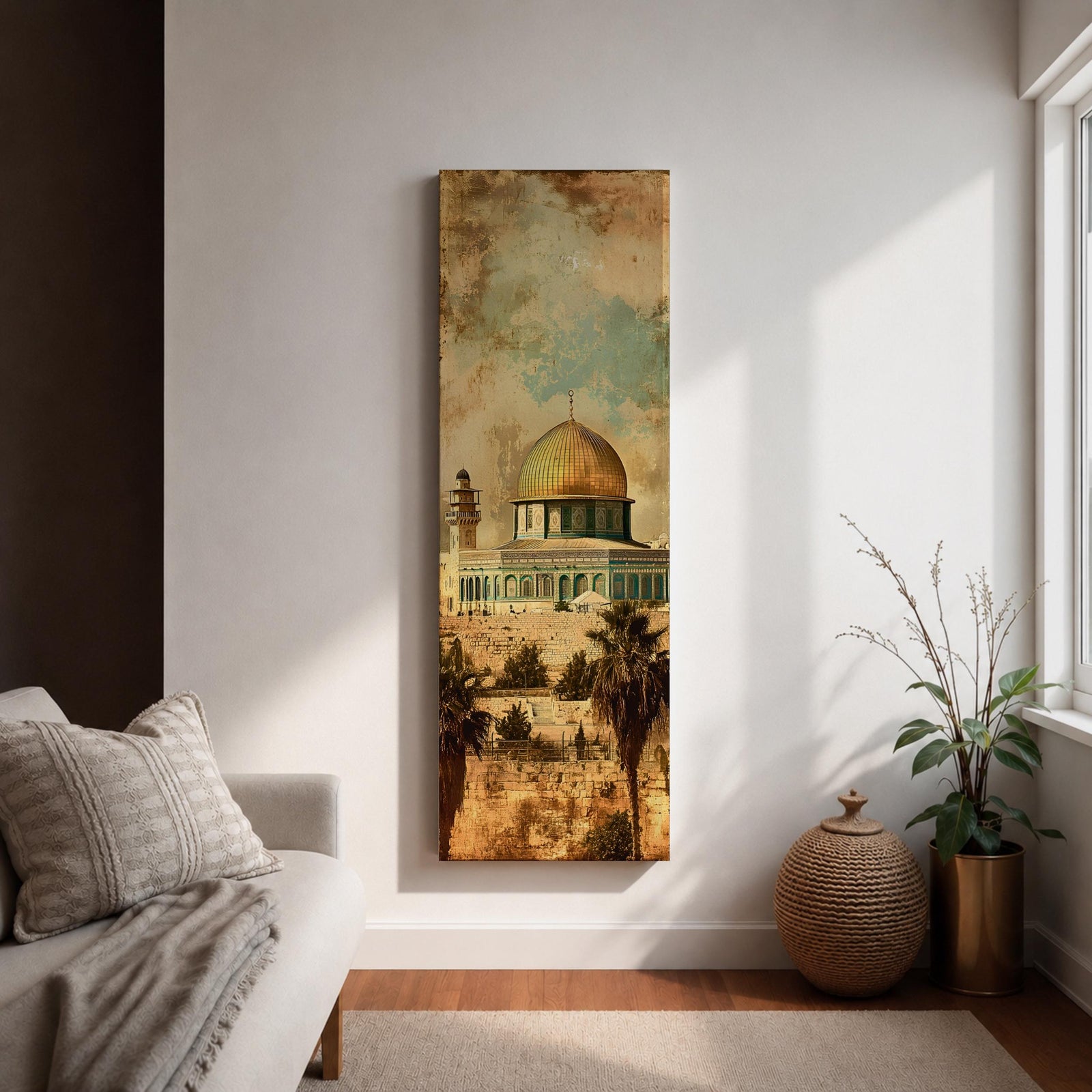 A tall narrow vertical artwork depicting Masjid Al Aqsa with its iconic golden dome rising above detailed stone architecture, set against a textured sky of soft turquoise and warm beige tones, with palm trees and historic walls below, rendered in a vintage inspired painterly style with distressed textures and balanced elongated composition.