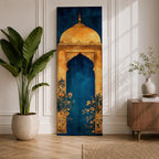 A tall vertical artwork depicting a stylized mihrab with a golden domed top and ornate arch framing a deep blue interior, accented with delicate floral motifs along the base, combining traditional Islamic architectural elements with a refined painterly style and strong vertical symmetry
