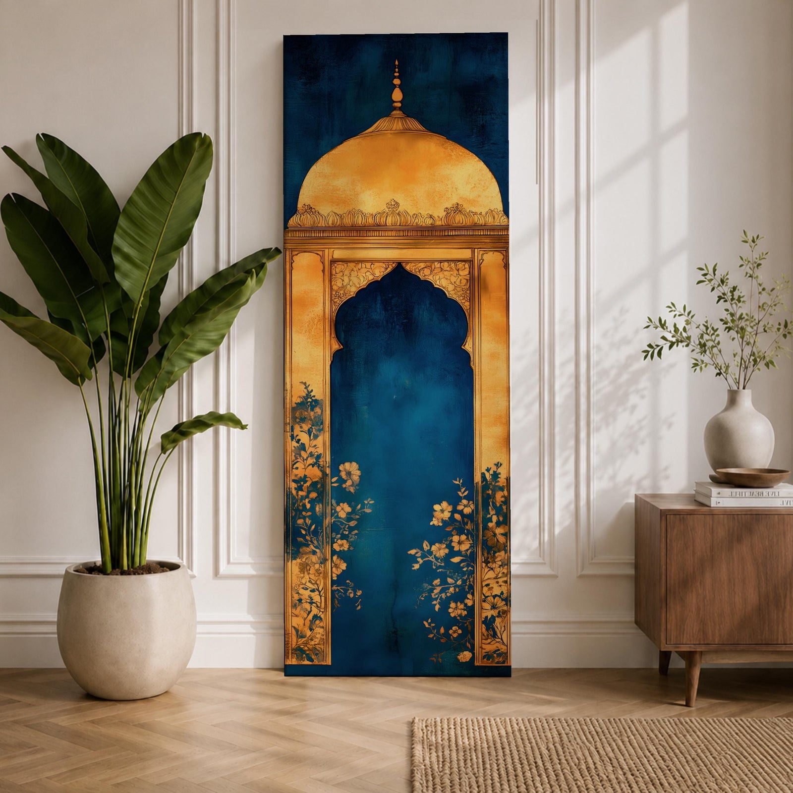 A tall vertical artwork depicting a stylized mihrab with a golden domed top and ornate arch framing a deep blue interior, accented with delicate floral motifs along the base, combining traditional Islamic architectural elements with a refined painterly style and strong vertical symmetry