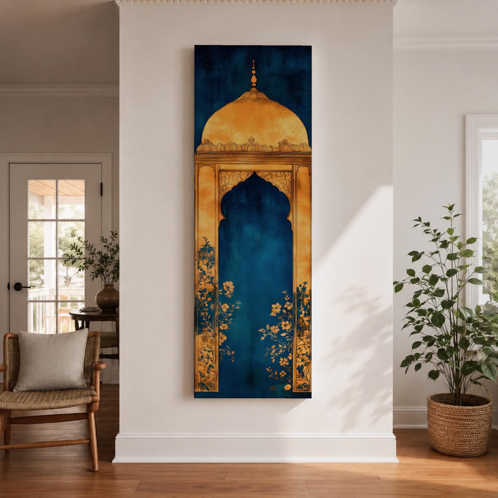 A tall vertical artwork depicting a stylized mihrab with a golden domed top and ornate arch framing a deep blue interior, accented with delicate floral motifs along the base, combining traditional Islamic architectural elements with a refined painterly style and strong vertical symmetry