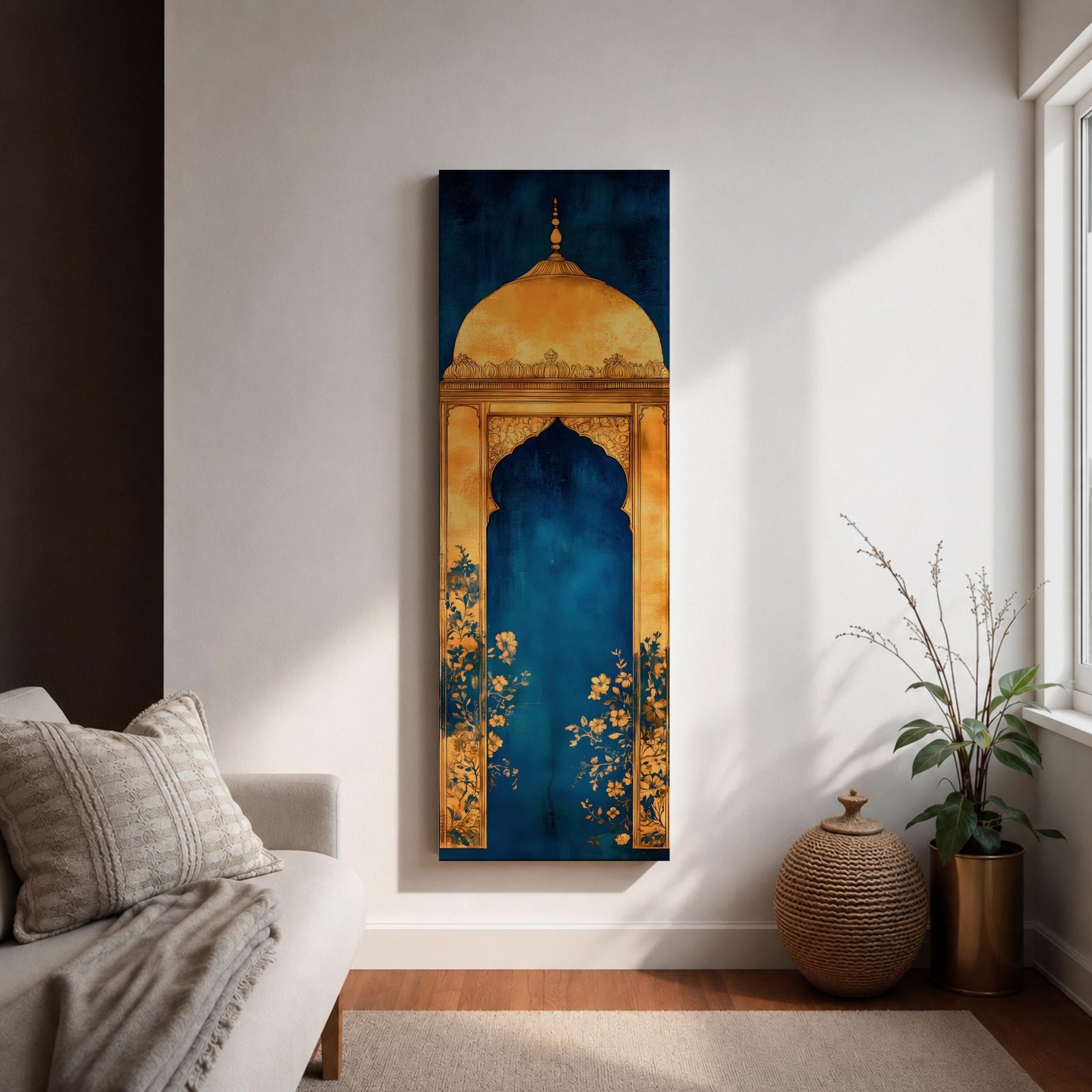 A tall vertical artwork depicting a stylized mihrab with a golden domed top and ornate arch framing a deep blue interior, accented with delicate floral motifs along the base, combining traditional Islamic architectural elements with a refined painterly style and strong vertical symmetry