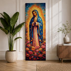 A tall narrow vertical depiction of Our Lady of Guadalupe standing in prayer with hands clasped, wearing a blue star covered mantle and soft pink gown, surrounded by a radiant golden sunburst and dense vibrant floral arrangement at her feet, rendered with rich texture and layered color in a devotional composition.