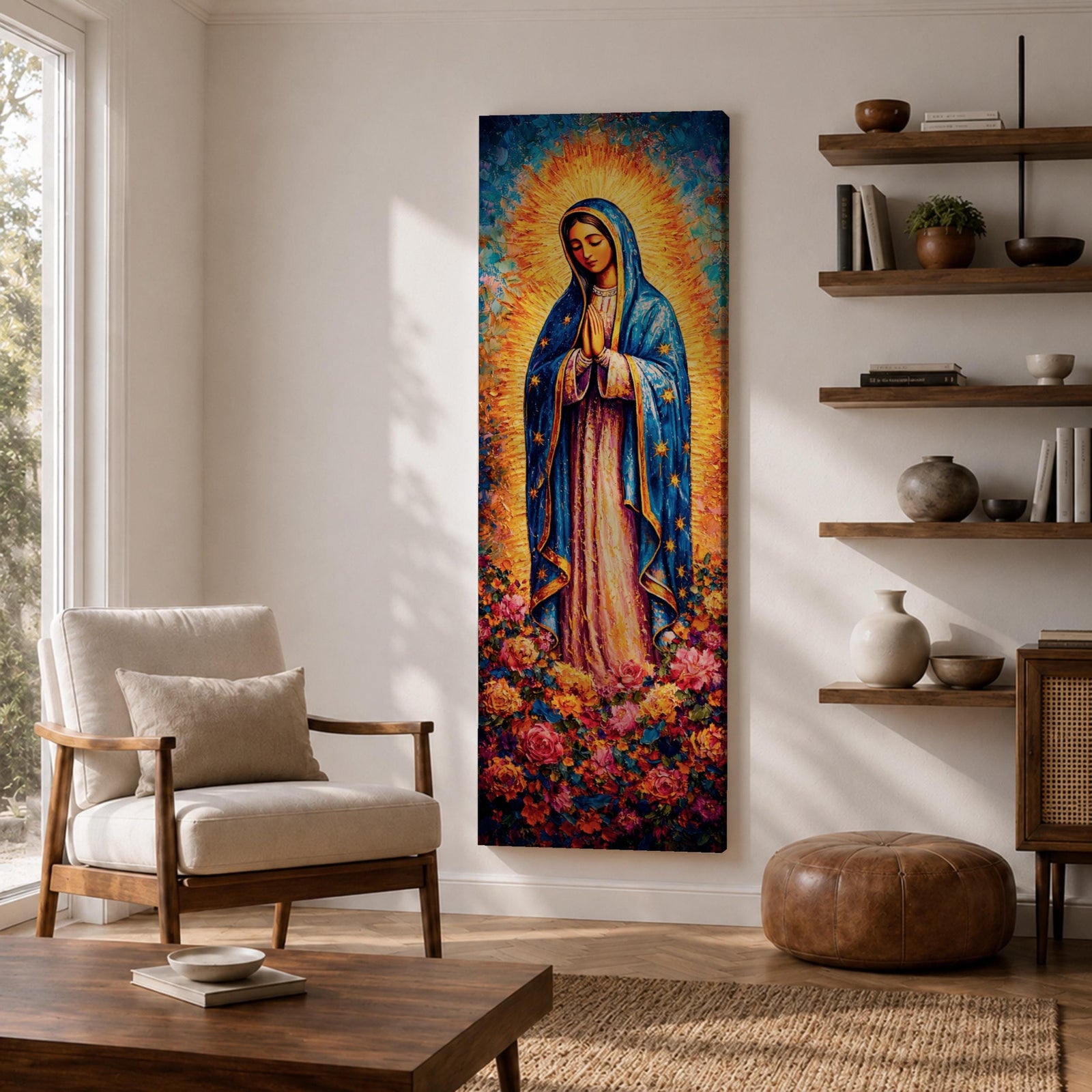 A tall narrow vertical depiction of Our Lady of Guadalupe standing in prayer with hands clasped, wearing a blue star covered mantle and soft pink gown, surrounded by a radiant golden sunburst and dense vibrant floral arrangement at her feet, rendered with rich texture and layered color in a devotional composition.