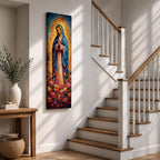 A tall narrow vertical depiction of Our Lady of Guadalupe standing in prayer with hands clasped, wearing a blue star covered mantle and soft pink gown, surrounded by a radiant golden sunburst and dense vibrant floral arrangement at her feet, rendered with rich texture and layered color in a devotional composition.