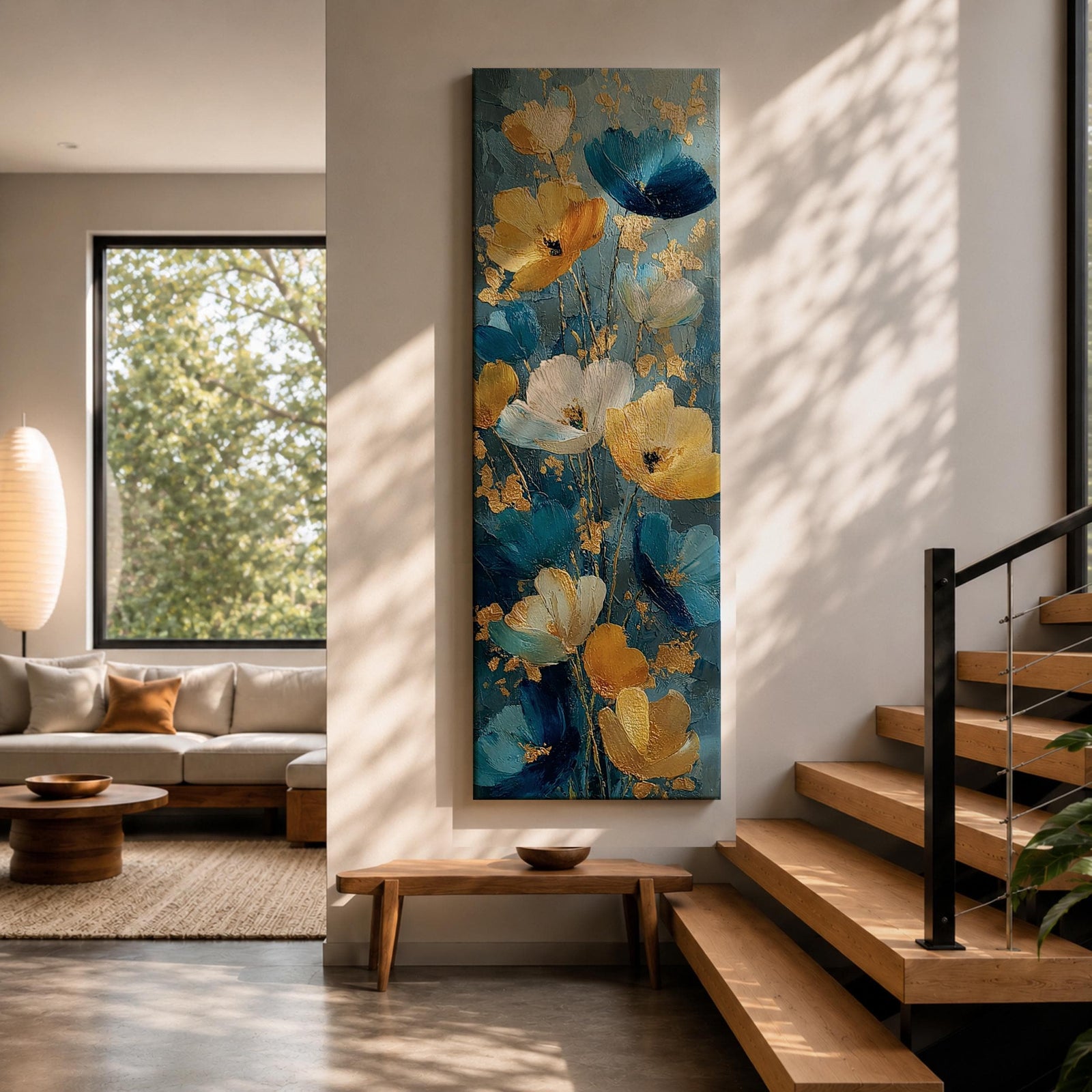 A tall, narrow vertical painting of stylized poppy flowers in layered teal, navy, gold, and soft white tones, featuring textured brushstrokes and metallic accents, with blooms rising along slender stems against a deep blue abstract background, creating a contemporary floral composition with rich contrast and flowing movement.