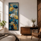 A tall, narrow vertical painting of stylized poppy flowers in layered teal, navy, gold, and soft white tones, featuring textured brushstrokes and metallic accents, with blooms rising along slender stems against a deep blue abstract background, creating a contemporary floral composition with rich contrast and flowing movement.