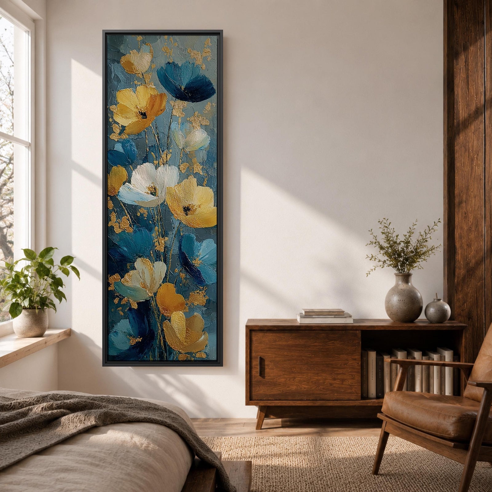 A tall, narrow vertical painting of stylized poppy flowers in layered teal, navy, gold, and soft white tones, featuring textured brushstrokes and metallic accents, with blooms rising along slender stems against a deep blue abstract background, creating a contemporary floral composition with rich contrast and flowing movement.
