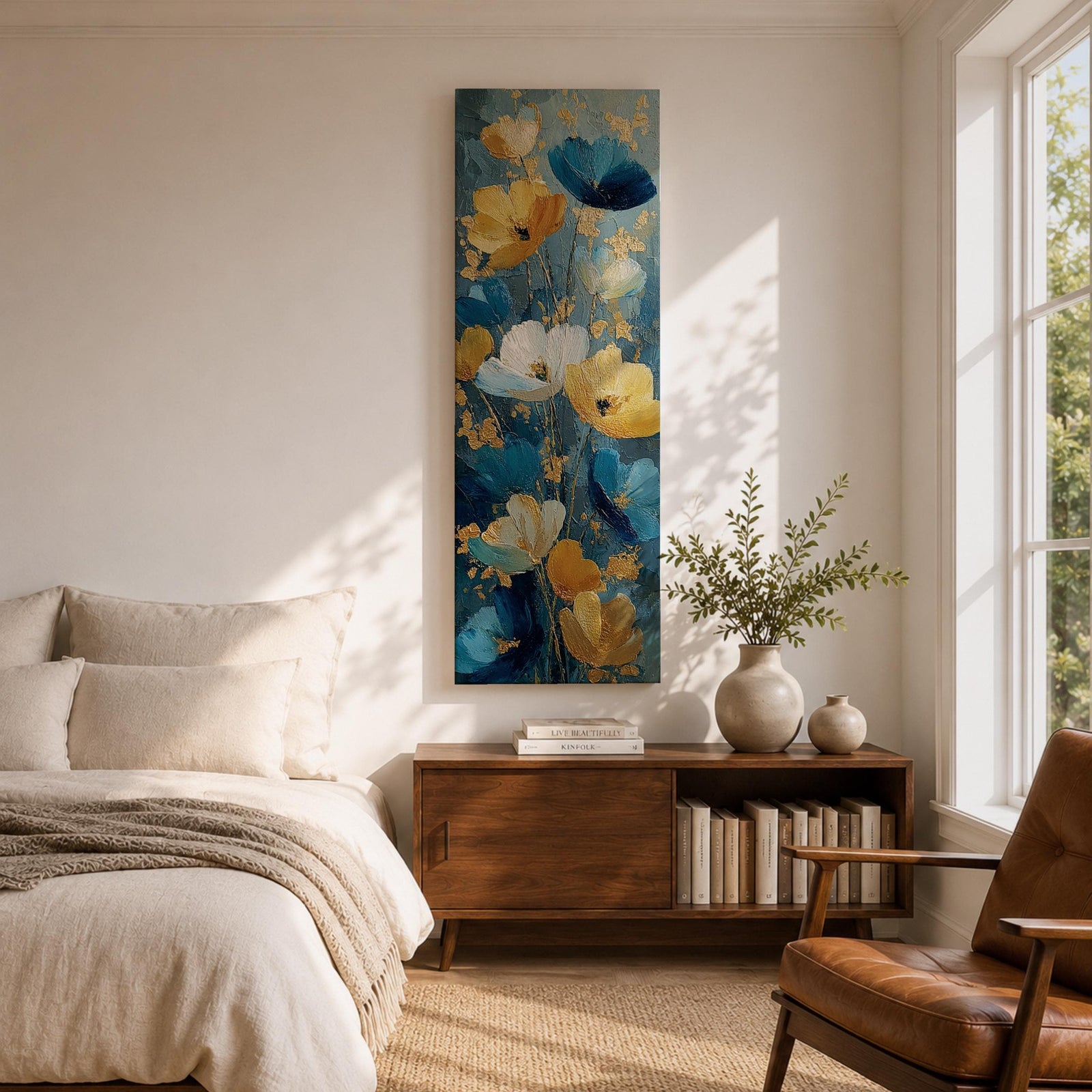 A tall, narrow vertical painting of stylized poppy flowers in layered teal, navy, gold, and soft white tones, featuring textured brushstrokes and metallic accents, with blooms rising along slender stems against a deep blue abstract background, creating a contemporary floral composition with rich contrast and flowing movement.