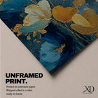 A tall, narrow vertical painting of stylized poppy flowers in layered teal, navy, gold, and soft white tones, featuring textured brushstrokes and metallic accents, with blooms rising along slender stems against a deep blue abstract background, creating a contemporary floral composition with rich contrast and flowing movement.
