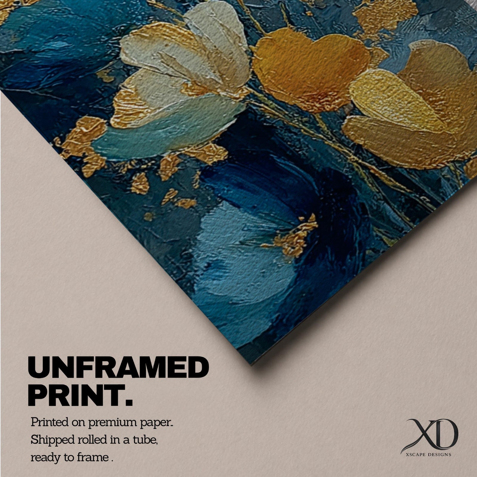 A tall, narrow vertical painting of stylized poppy flowers in layered teal, navy, gold, and soft white tones, featuring textured brushstrokes and metallic accents, with blooms rising along slender stems against a deep blue abstract background, creating a contemporary floral composition with rich contrast and flowing movement.