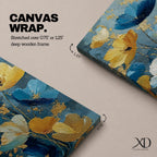 A tall, narrow vertical painting of stylized poppy flowers in layered teal, navy, gold, and soft white tones, featuring textured brushstrokes and metallic accents, with blooms rising along slender stems against a deep blue abstract background, creating a contemporary floral composition with rich contrast and flowing movement.
