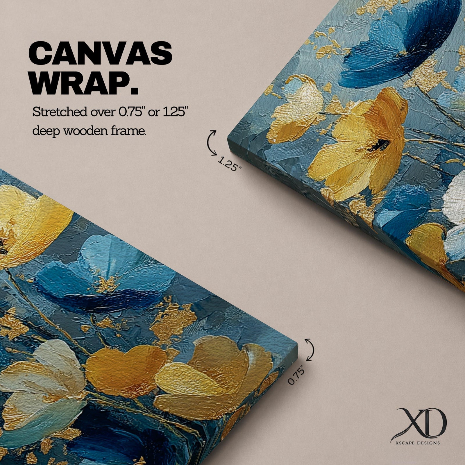 A tall, narrow vertical painting of stylized poppy flowers in layered teal, navy, gold, and soft white tones, featuring textured brushstrokes and metallic accents, with blooms rising along slender stems against a deep blue abstract background, creating a contemporary floral composition with rich contrast and flowing movement.