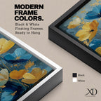A tall, narrow vertical painting of stylized poppy flowers in layered teal, navy, gold, and soft white tones, featuring textured brushstrokes and metallic accents, with blooms rising along slender stems against a deep blue abstract background, creating a contemporary floral composition with rich contrast and flowing movement.