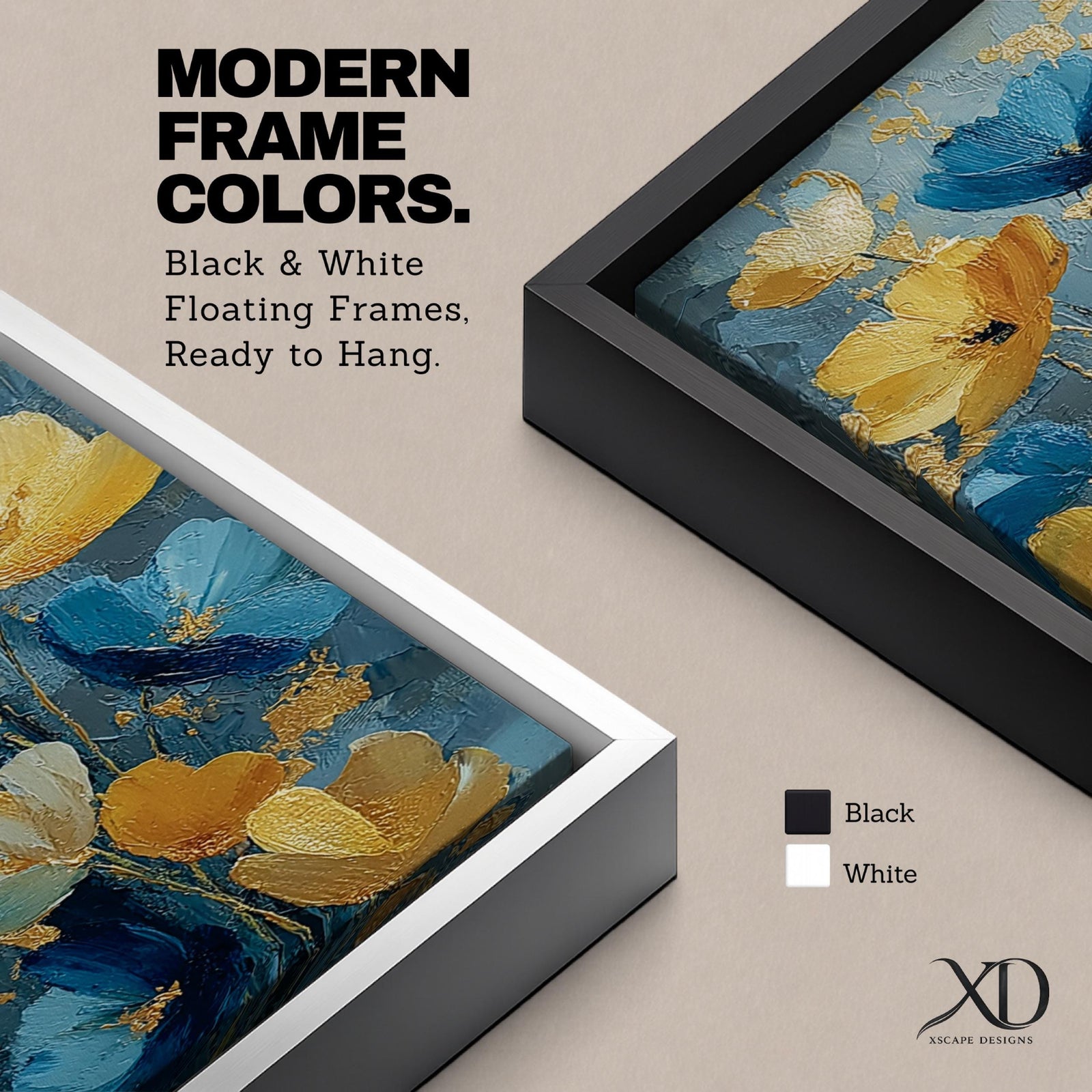A tall, narrow vertical painting of stylized poppy flowers in layered teal, navy, gold, and soft white tones, featuring textured brushstrokes and metallic accents, with blooms rising along slender stems against a deep blue abstract background, creating a contemporary floral composition with rich contrast and flowing movement.