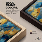 A tall, narrow vertical painting of stylized poppy flowers in layered teal, navy, gold, and soft white tones, featuring textured brushstrokes and metallic accents, with blooms rising along slender stems against a deep blue abstract background, creating a contemporary floral composition with rich contrast and flowing movement.