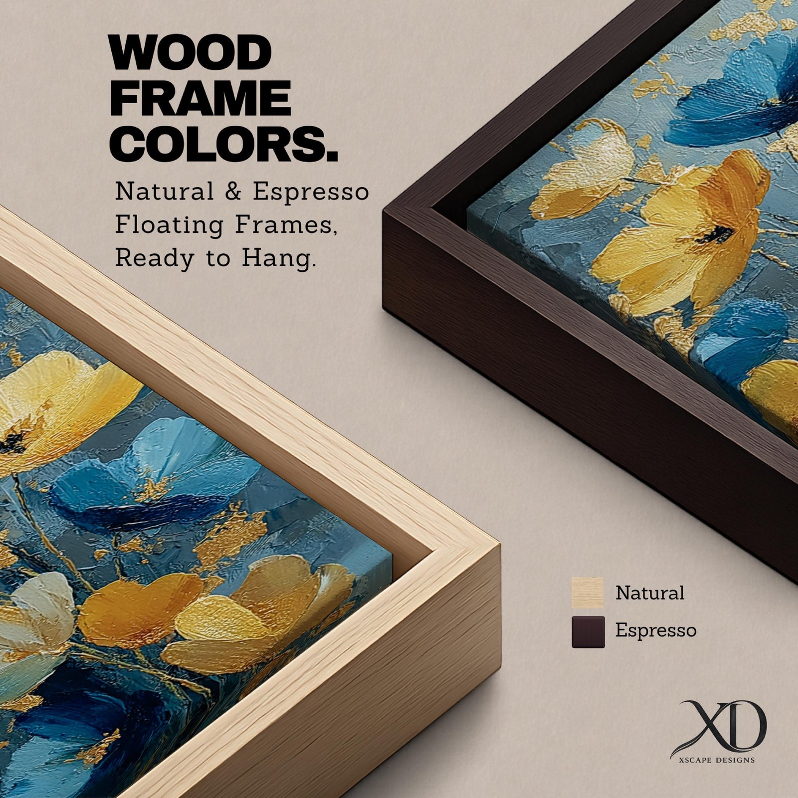 A tall, narrow vertical painting of stylized poppy flowers in layered teal, navy, gold, and soft white tones, featuring textured brushstrokes and metallic accents, with blooms rising along slender stems against a deep blue abstract background, creating a contemporary floral composition with rich contrast and flowing movement.