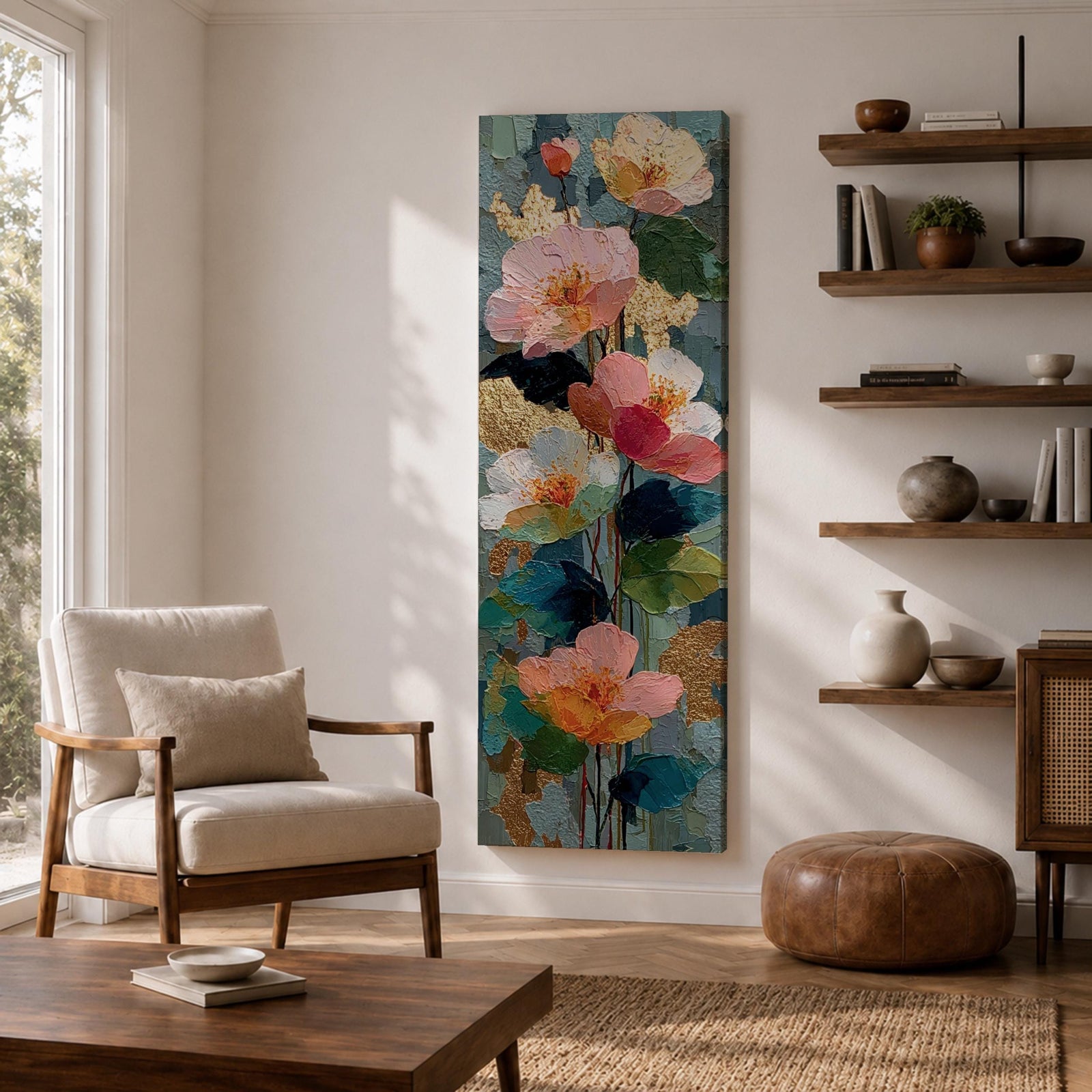 A tall, narrow vertical painting of soft pastel poppy flowers in shades of blush pink, coral, cream, and muted yellow, layered with textured brushstrokes and accented by hints of gold against a cool blue abstract background, with delicate stems and leaves creating a balanced contemporary floral composition.