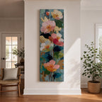 A tall, narrow vertical painting of soft pastel poppy flowers in shades of blush pink, coral, cream, and muted yellow, layered with textured brushstrokes and accented by hints of gold against a cool blue abstract background, with delicate stems and leaves creating a balanced contemporary floral composition.