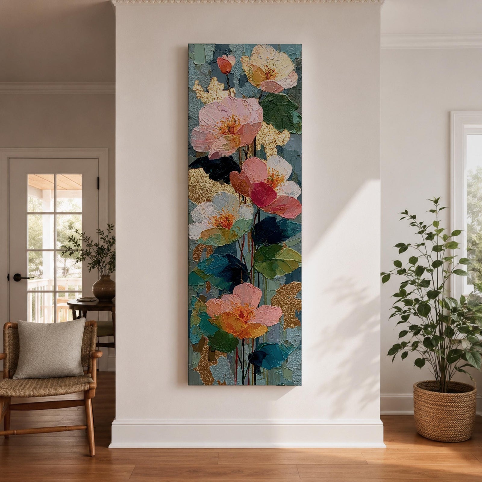 A tall, narrow vertical painting of soft pastel poppy flowers in shades of blush pink, coral, cream, and muted yellow, layered with textured brushstrokes and accented by hints of gold against a cool blue abstract background, with delicate stems and leaves creating a balanced contemporary floral composition.