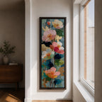 A tall, narrow vertical painting of soft pastel poppy flowers in shades of blush pink, coral, cream, and muted yellow, layered with textured brushstrokes and accented by hints of gold against a cool blue abstract background, with delicate stems and leaves creating a balanced contemporary floral composition.