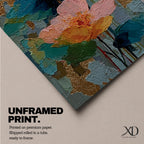 A tall, narrow vertical painting of soft pastel poppy flowers in shades of blush pink, coral, cream, and muted yellow, layered with textured brushstrokes and accented by hints of gold against a cool blue abstract background, with delicate stems and leaves creating a balanced contemporary floral composition.