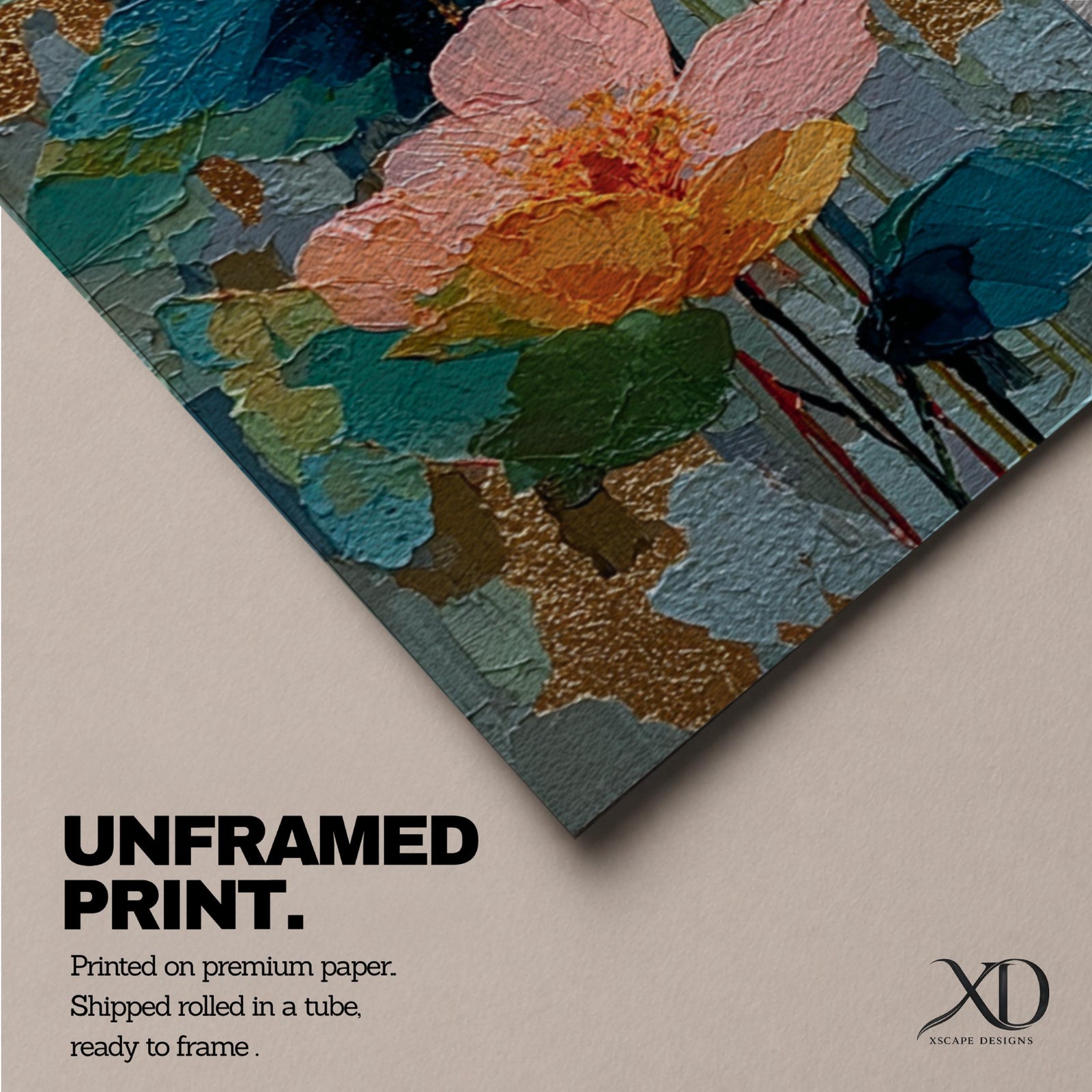 A tall, narrow vertical painting of soft pastel poppy flowers in shades of blush pink, coral, cream, and muted yellow, layered with textured brushstrokes and accented by hints of gold against a cool blue abstract background, with delicate stems and leaves creating a balanced contemporary floral composition.
