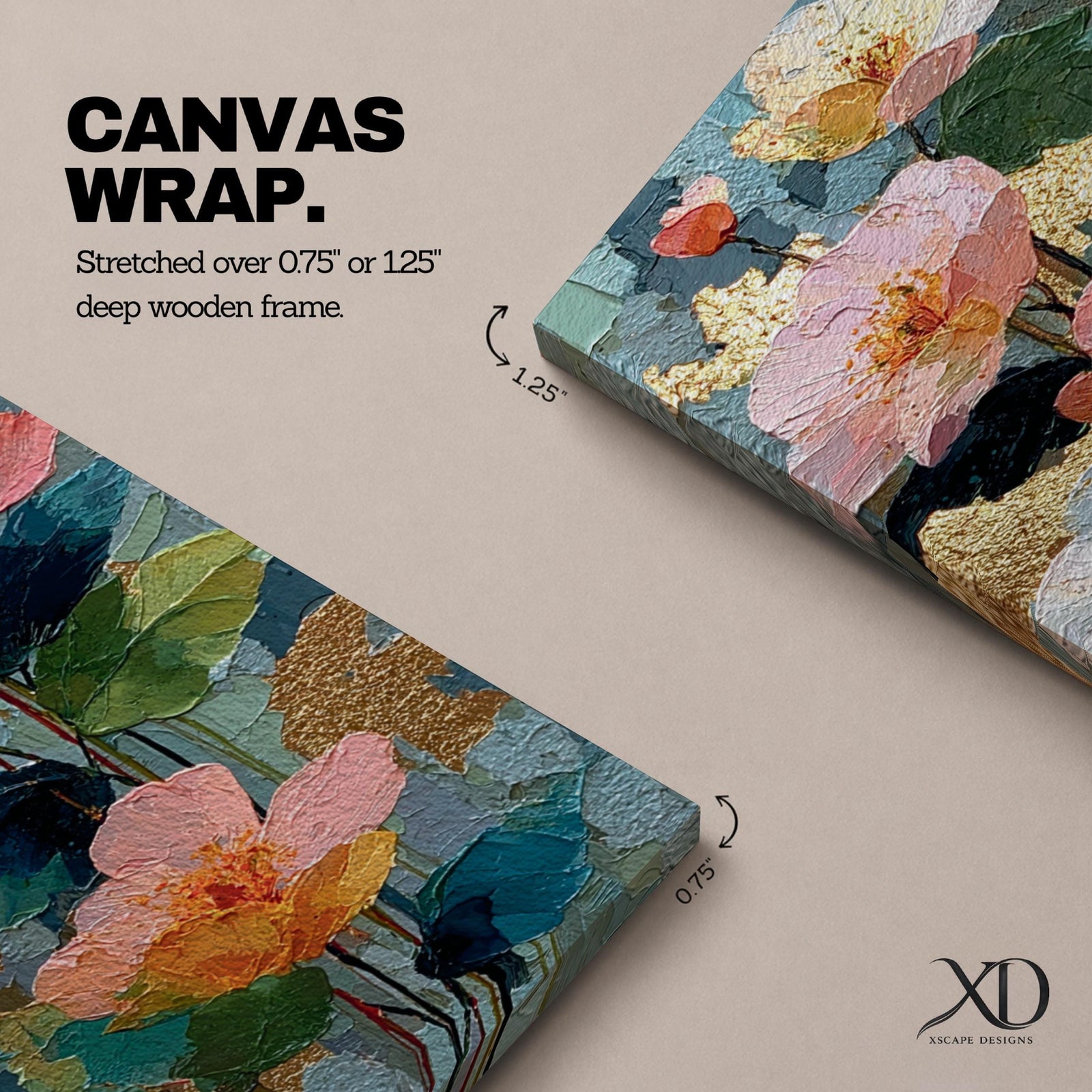 A tall, narrow vertical painting of soft pastel poppy flowers in shades of blush pink, coral, cream, and muted yellow, layered with textured brushstrokes and accented by hints of gold against a cool blue abstract background, with delicate stems and leaves creating a balanced contemporary floral composition.