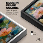 A tall, narrow vertical painting of soft pastel poppy flowers in shades of blush pink, coral, cream, and muted yellow, layered with textured brushstrokes and accented by hints of gold against a cool blue abstract background, with delicate stems and leaves creating a balanced contemporary floral composition.