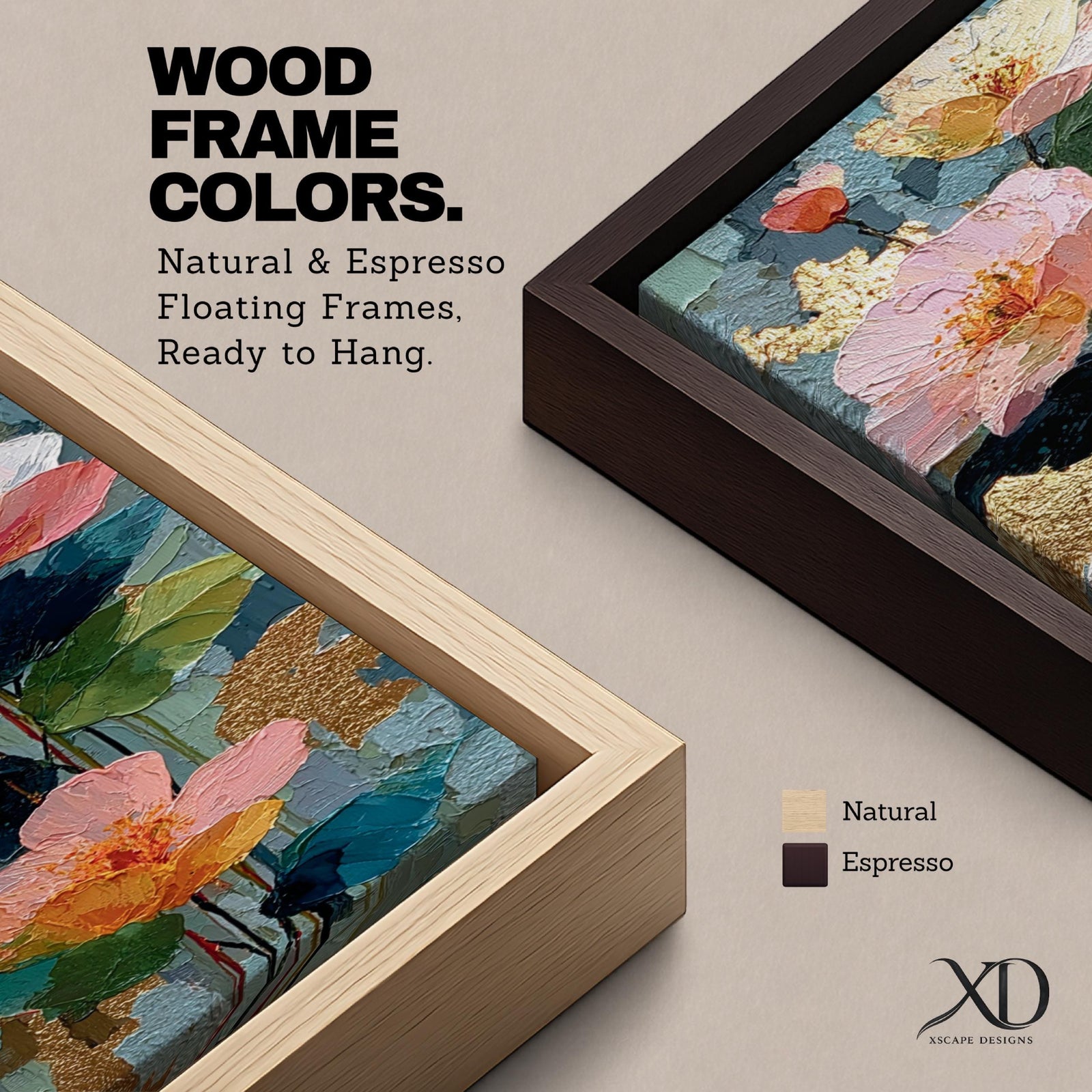 A tall, narrow vertical painting of soft pastel poppy flowers in shades of blush pink, coral, cream, and muted yellow, layered with textured brushstrokes and accented by hints of gold against a cool blue abstract background, with delicate stems and leaves creating a balanced contemporary floral composition.