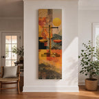 A tall vertical abstract composition features the scales of justice centered in a geometric arrangement, with balanced plates suspended on a slender structure, set against layered shapes of warm gold, amber, and muted earth tones, with textured overlays and subtle landscape elements creating a modern symbolic interpretation of legal balance.