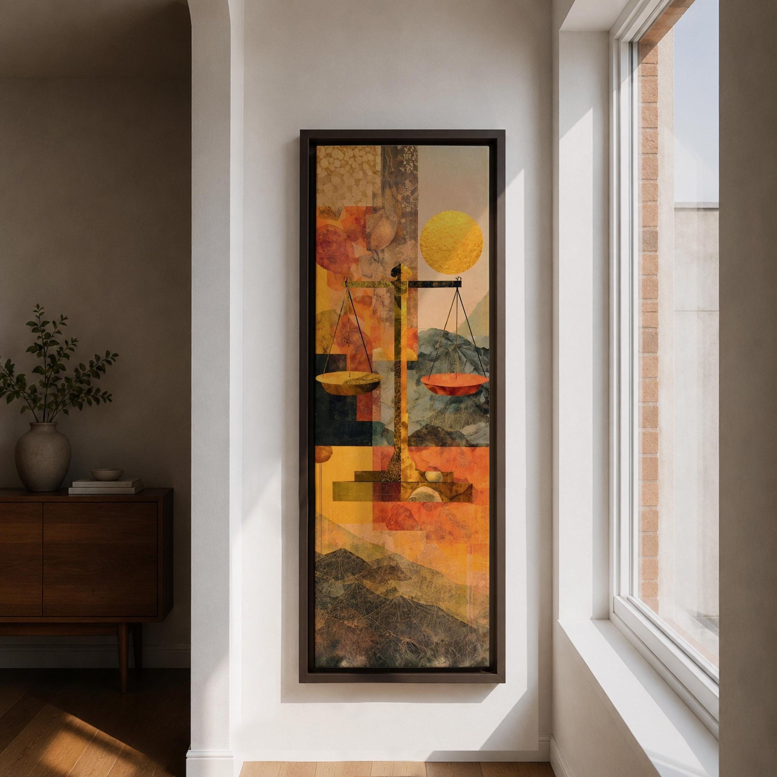A tall vertical abstract composition features the scales of justice centered in a geometric arrangement, with balanced plates suspended on a slender structure, set against layered shapes of warm gold, amber, and muted earth tones, with textured overlays and subtle landscape elements creating a modern symbolic interpretation of legal balance.