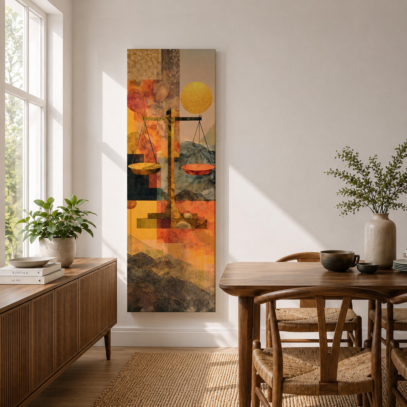 A tall vertical abstract composition features the scales of justice centered in a geometric arrangement, with balanced plates suspended on a slender structure, set against layered shapes of warm gold, amber, and muted earth tones, with textured overlays and subtle landscape elements creating a modern symbolic interpretation of legal balance.