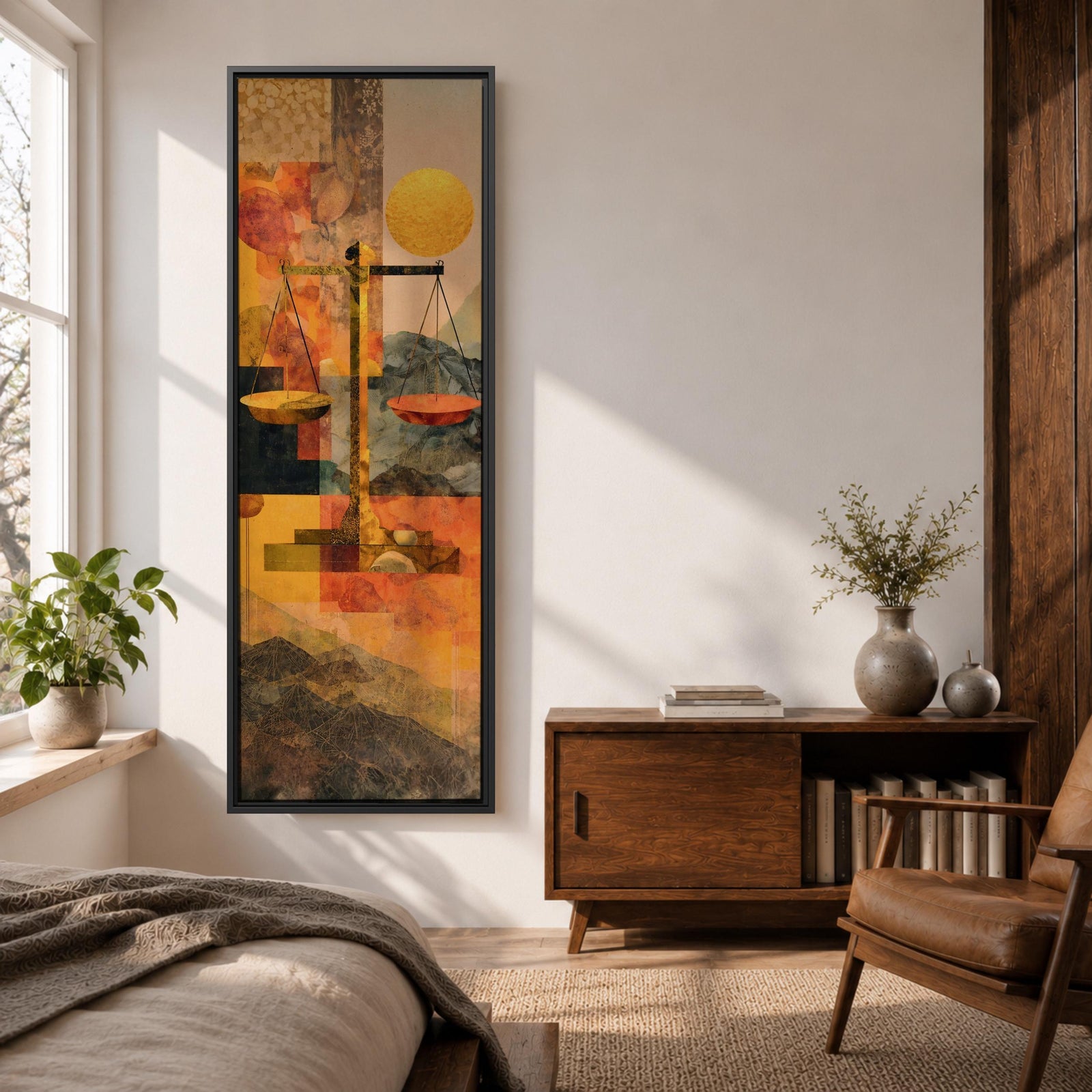 A tall vertical abstract composition features the scales of justice centered in a geometric arrangement, with balanced plates suspended on a slender structure, set against layered shapes of warm gold, amber, and muted earth tones, with textured overlays and subtle landscape elements creating a modern symbolic interpretation of legal balance.