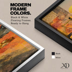 A tall vertical abstract composition features the scales of justice centered in a geometric arrangement, with balanced plates suspended on a slender structure, set against layered shapes of warm gold, amber, and muted earth tones, with textured overlays and subtle landscape elements creating a modern symbolic interpretation of legal balance.