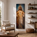 A tall vertical painting depicts Jesus Christ with a serene expression, long flowing hair, and a radiant halo, holding a glowing sacred heart at his chest that emits beams of golden light, rendered in warm tones with soft brushwork and luminous effects that create a spiritual and symbolic religious composition.