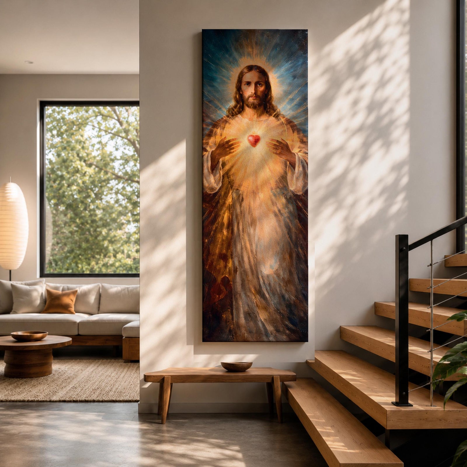 A tall vertical painting depicts Jesus Christ with a serene expression, long flowing hair, and a radiant halo, holding a glowing sacred heart at his chest that emits beams of golden light, rendered in warm tones with soft brushwork and luminous effects that create a spiritual and symbolic religious composition.