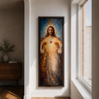 A tall vertical painting depicts Jesus Christ with a serene expression, long flowing hair, and a radiant halo, holding a glowing sacred heart at his chest that emits beams of golden light, rendered in warm tones with soft brushwork and luminous effects that create a spiritual and symbolic religious composition.