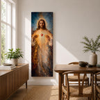 A tall vertical painting depicts Jesus Christ with a serene expression, long flowing hair, and a radiant halo, holding a glowing sacred heart at his chest that emits beams of golden light, rendered in warm tones with soft brushwork and luminous effects that create a spiritual and symbolic religious composition.